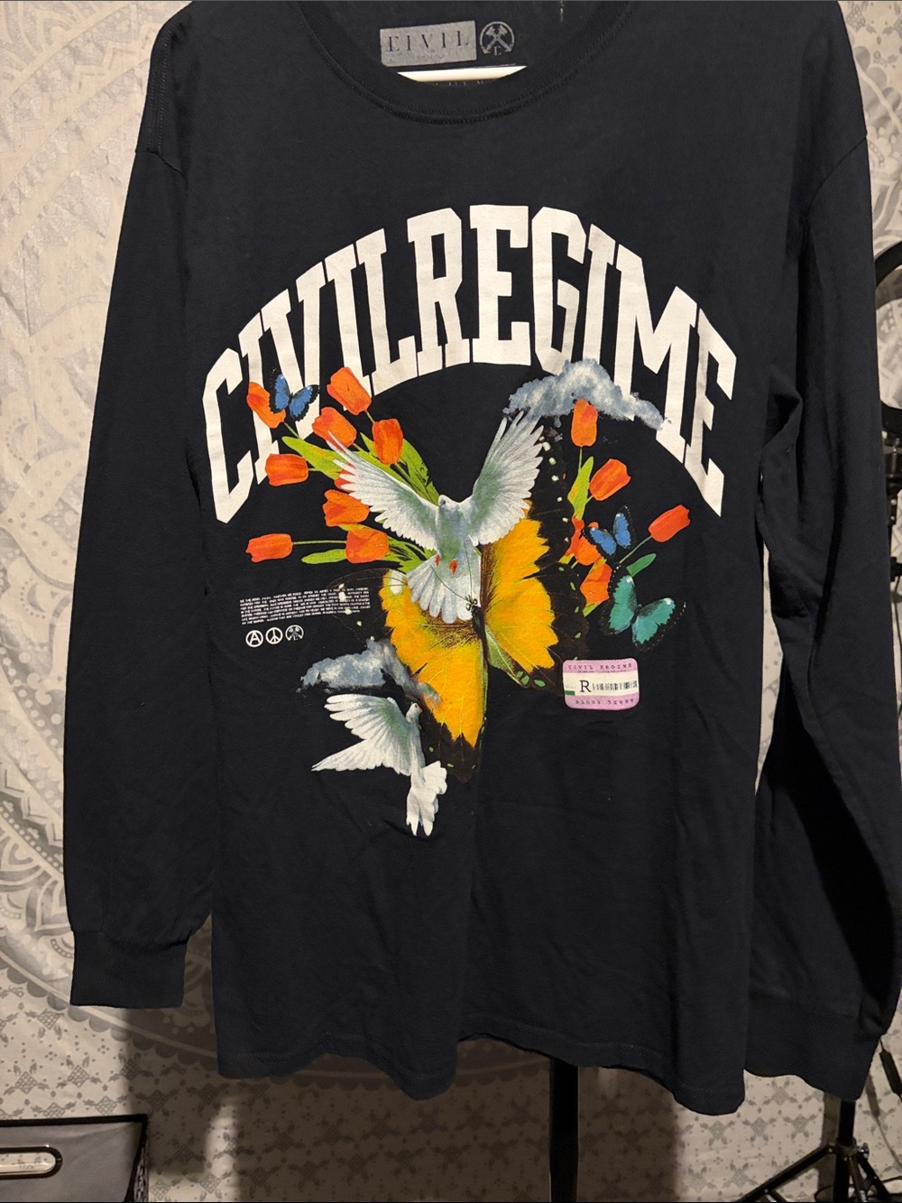 Civil Regime Doves Butterfly Floral Black Long Sleeve Graphic Tee Large⁠